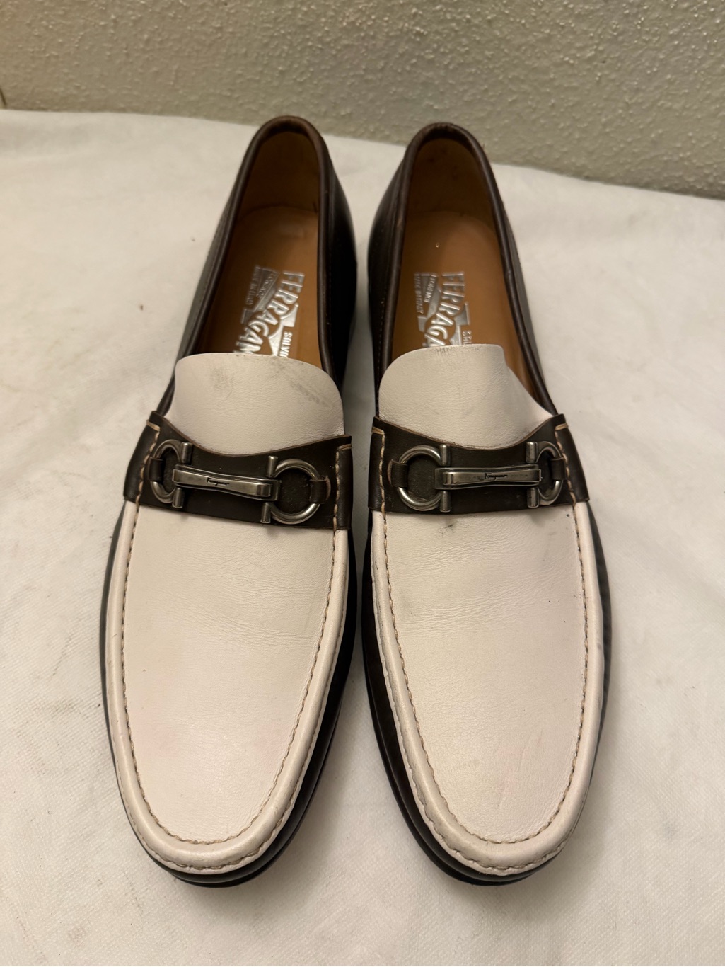 Salvatore Ferragamo White And Brown Leather Bit Loafers, Pre-Owned, Sz 10.5
